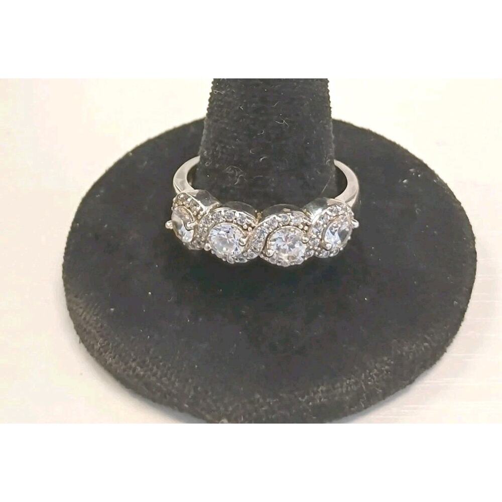 Sterling Silver 925 Ring Size 10 Four Round Stones With Halo CZ Diamond Band 5g